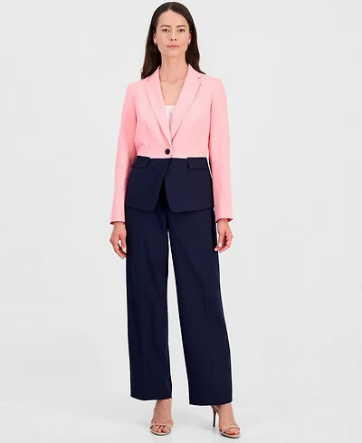 Le Suit Plus Colorblocked One-Button Peplum Jacket & Fly-Front Wide-Leg Pants