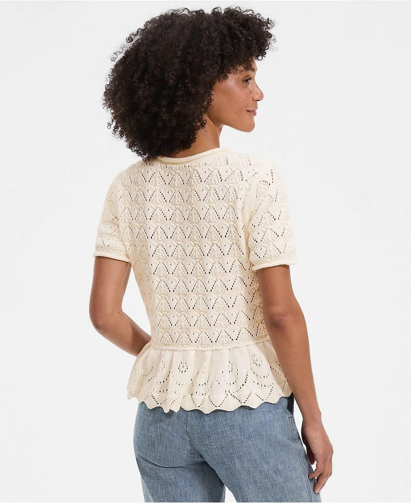 Lands' End Women's Drifter Pointelle Ruffle Hem Cardigan Sweater