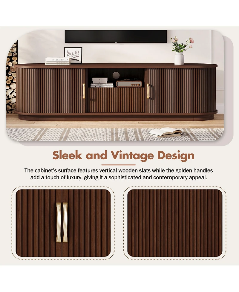 Rainsken Fluted Entertainment Center for TVs Up to 75 Inches, Farmhouse Style Media Stand with Sliding Wood Slatted Doors and Drawer for Living Room