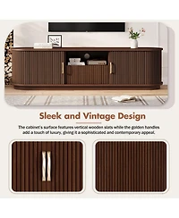 Rainsken Fluted Entertainment Center for TVs Up to 75 Inches, Farmhouse Style Media Stand with Sliding Wood Slatted Doors and Drawer for Living Room