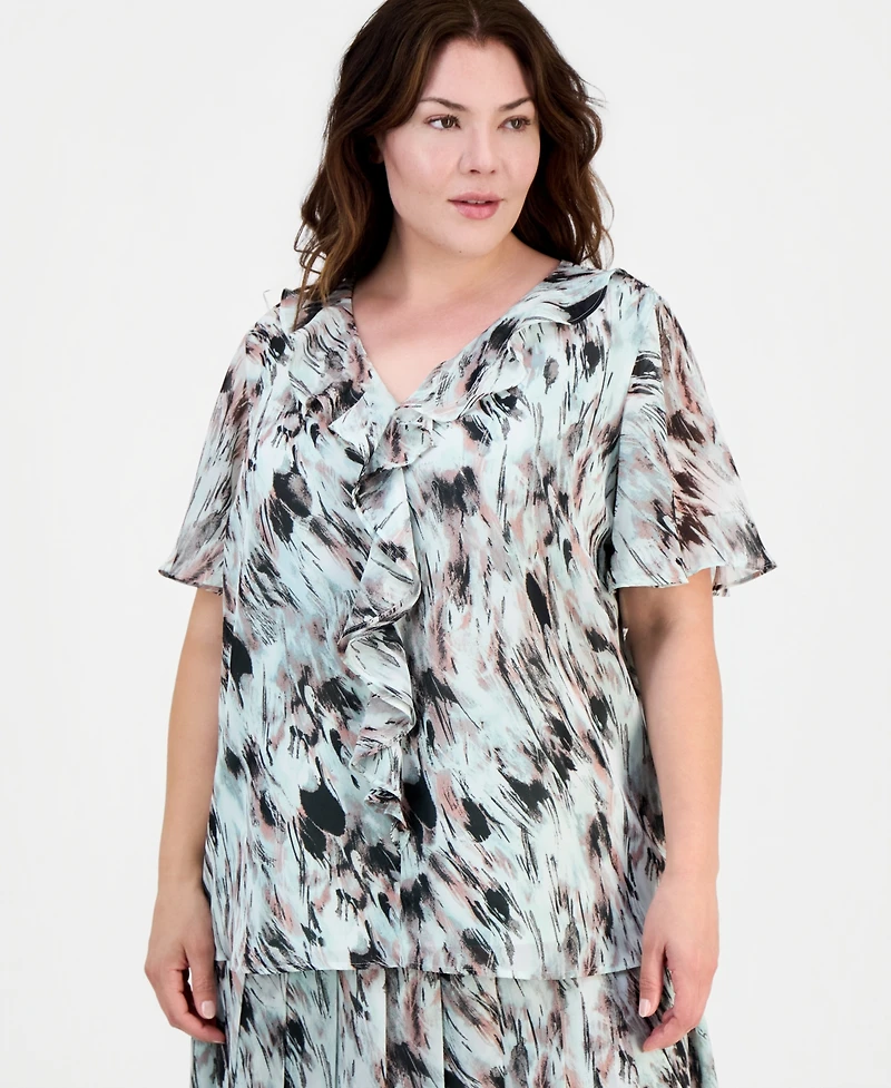 Kasper Plus Printed Ruffled Flutter-Sleeve Blouse