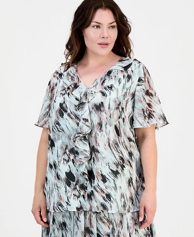 Kasper Plus Printed Ruffled Flutter-Sleeve Blouse