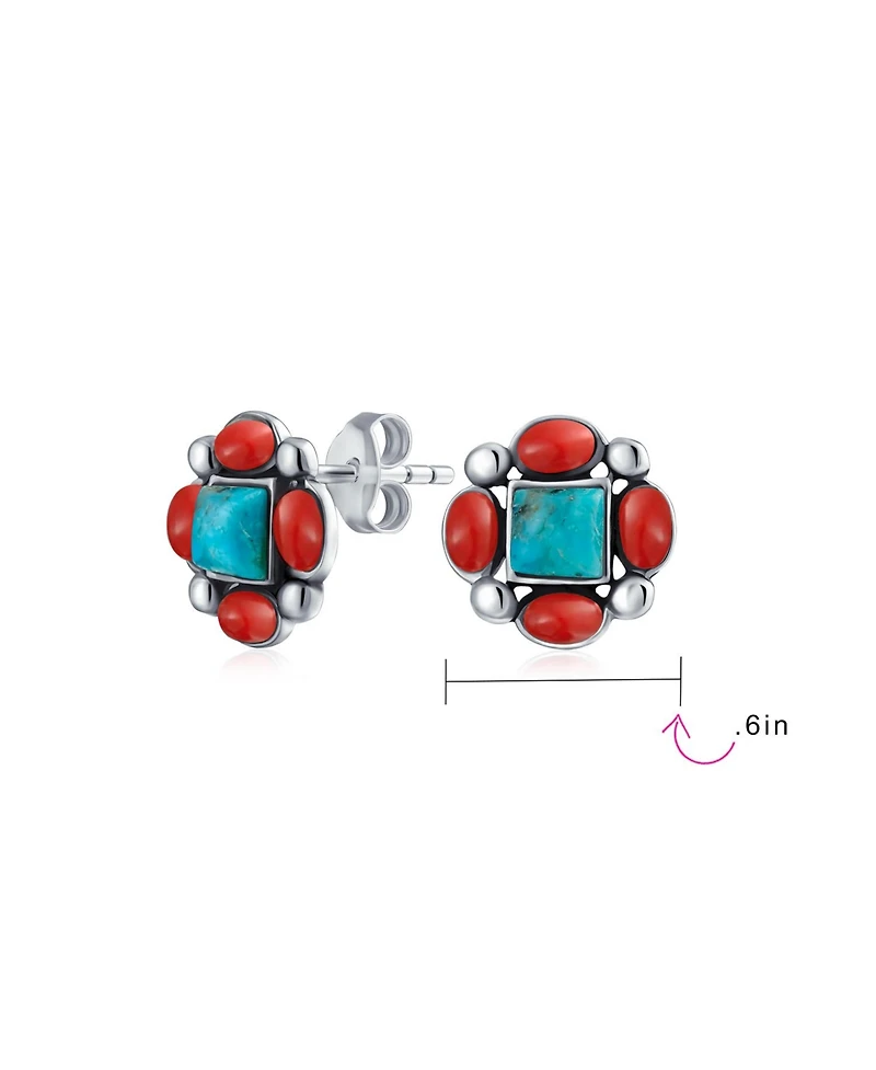 Bling Jewelry Western Native-American Style Turquoise and Red Stud Earrings .925 Sterling Silver