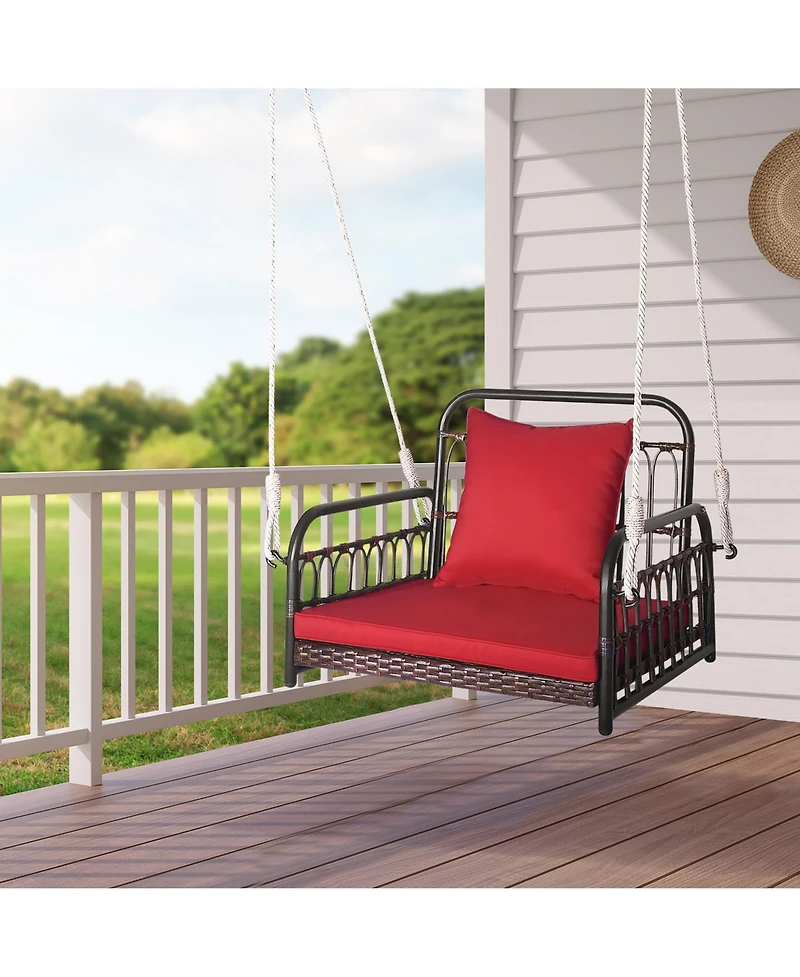 Gymax Single Person Hanging Swing Outdoor Hanging Seat w/ Back Cushion and Seat Cushion