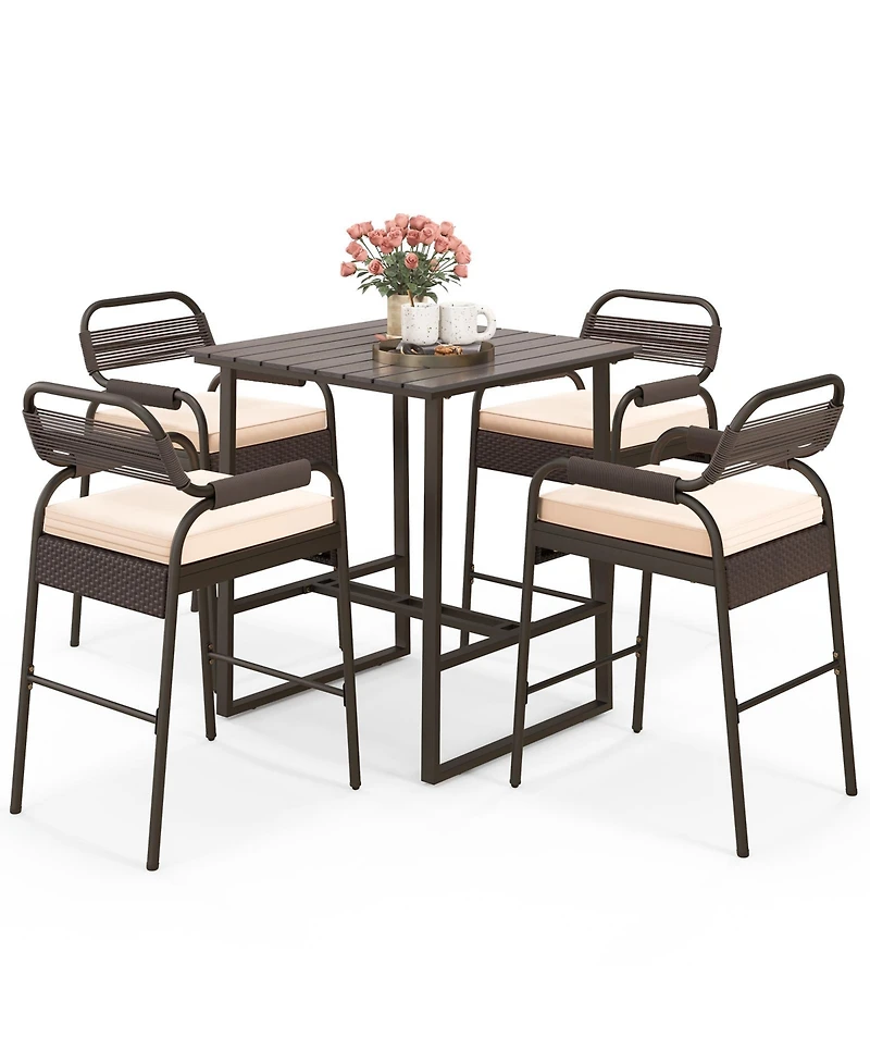 sumyeg 5-Piece Rattan Counter Height Set with 4 Stools and Polywood Bar Table