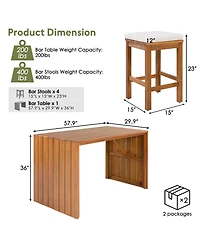 sumyeg 5-Piece Outdoor Bar Set with Acacia Wood Bar Height Table and 4 Stools with Cushions