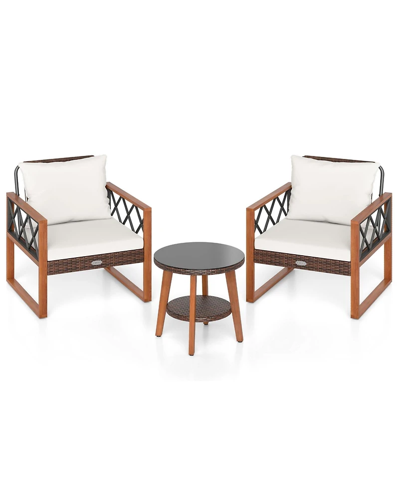 Gouun 3-Piece Outdoor Wicker Patio Set with Acacia Wood and Glass Table