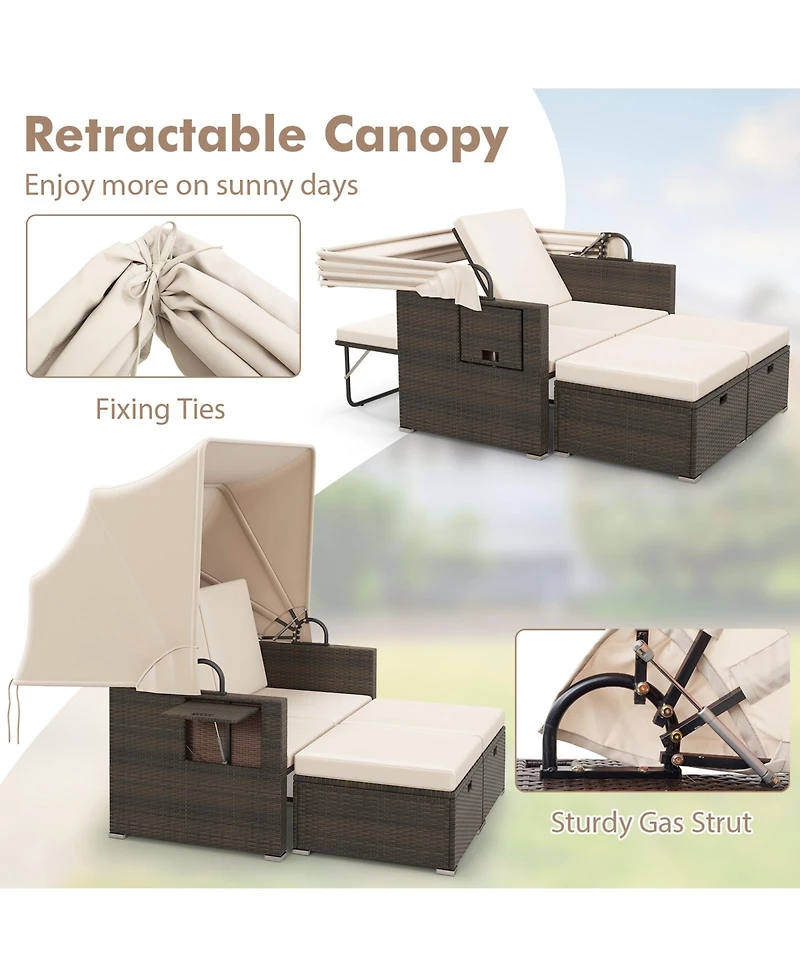 Sugift Outdoor Patio Rattan Daybed with Retractable Canopy and Backrests