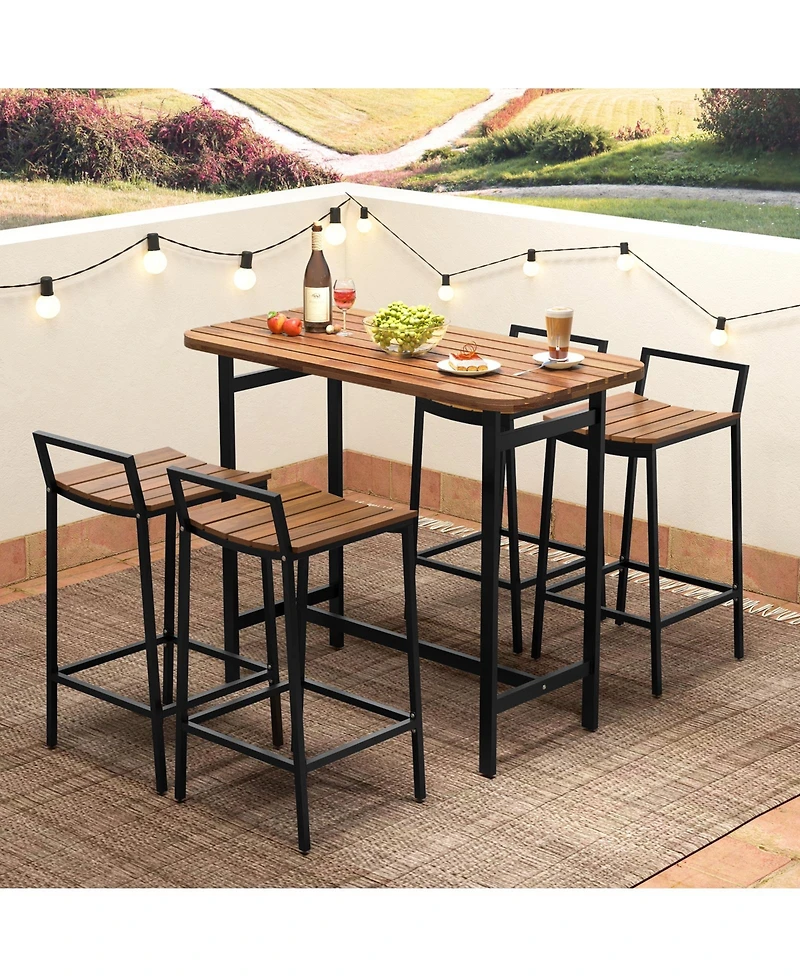sumyeg 5-Piece Acacia Wood Bar Table Set with Metal Frame Footrest and Bar Height Chairs
