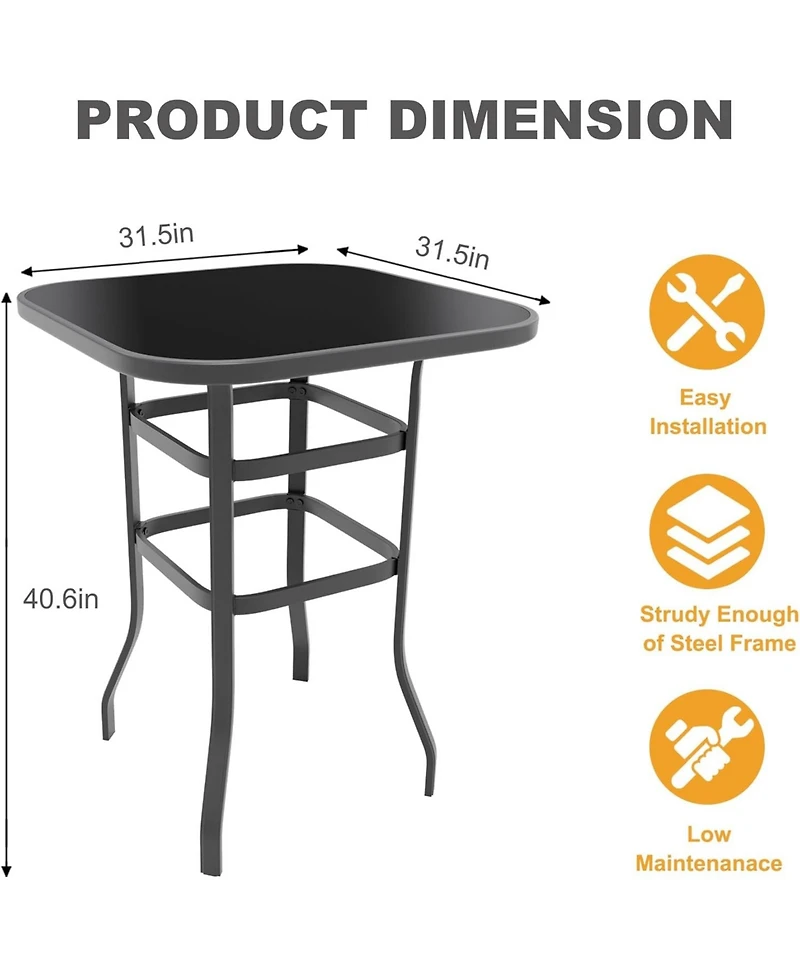 gaomon Patio Bar Height Table, Metal Frame Patio Bar Table Tempered Glass, Height High Top Outdoor Table for Backyard, Poolside and Garden