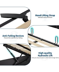 HomfanLift Up Bed Frame with Charging Station and Led Lights, Upholstered Button Tufted Wingback Storage Headboard