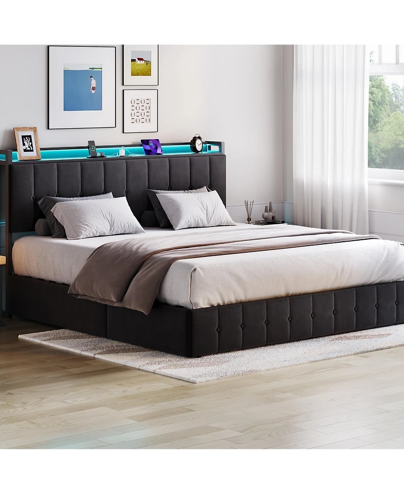 HomfanLift Up Bed Frame with Charging Station and Led Lights, Upholstered Button Tufted Wingback Storage Headboard