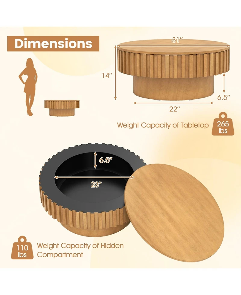 Slickblue Modern Round Wooden Drum Coffee Table with Hidden Storage Compartment