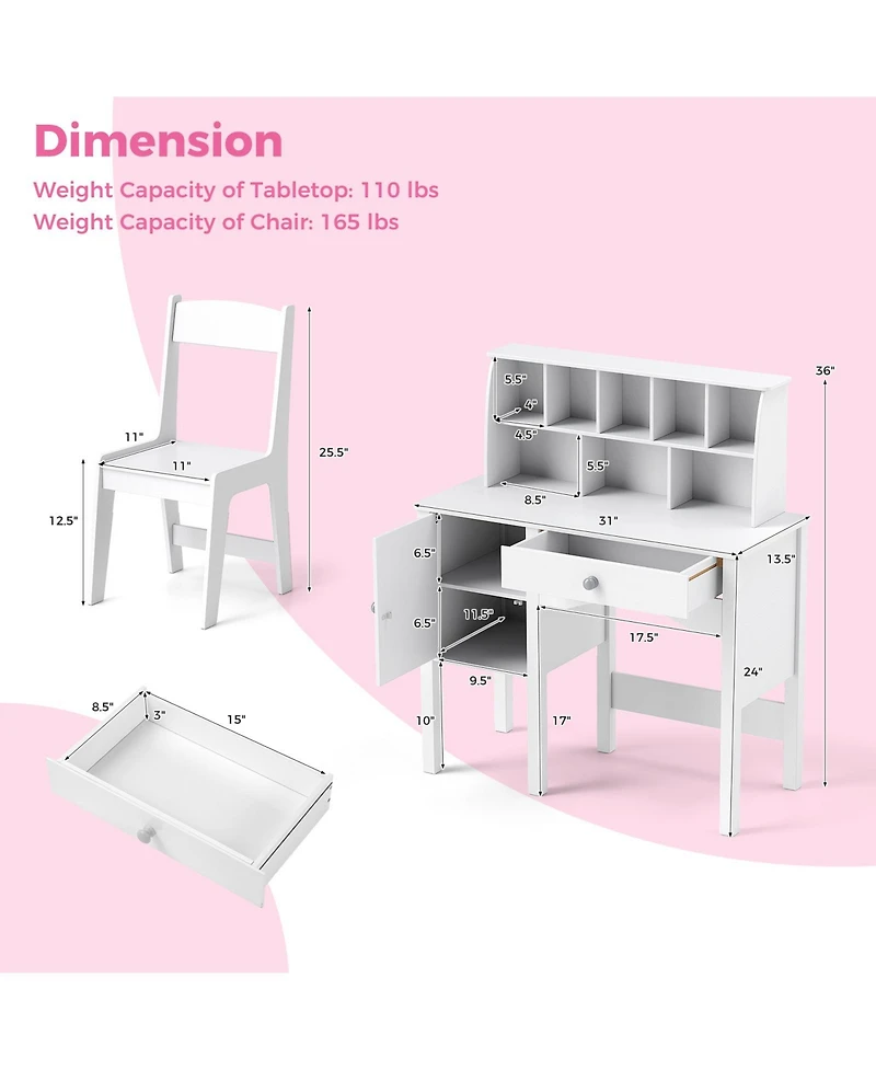 Sugift Kids Study Desk and Chair Set with Chair Hutch and Storage Cabinet for 3+ Years