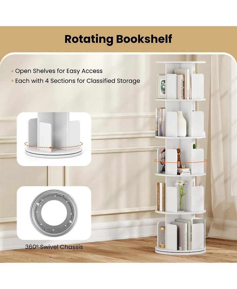Sugift Five Tier Rotating Bookshelf with Dividers and Safety Baffles