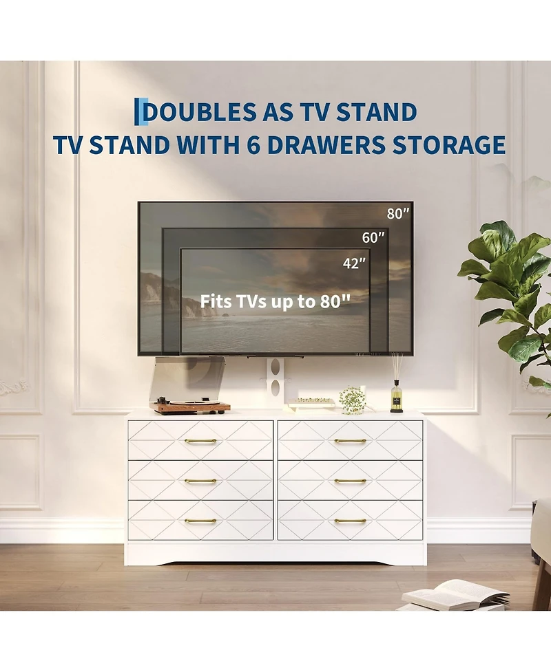 gaomon 6 Drawer Tv Stand Dresser for 32-80 Inch TVs, Wood Entertainment Center with Adjustable Mount.