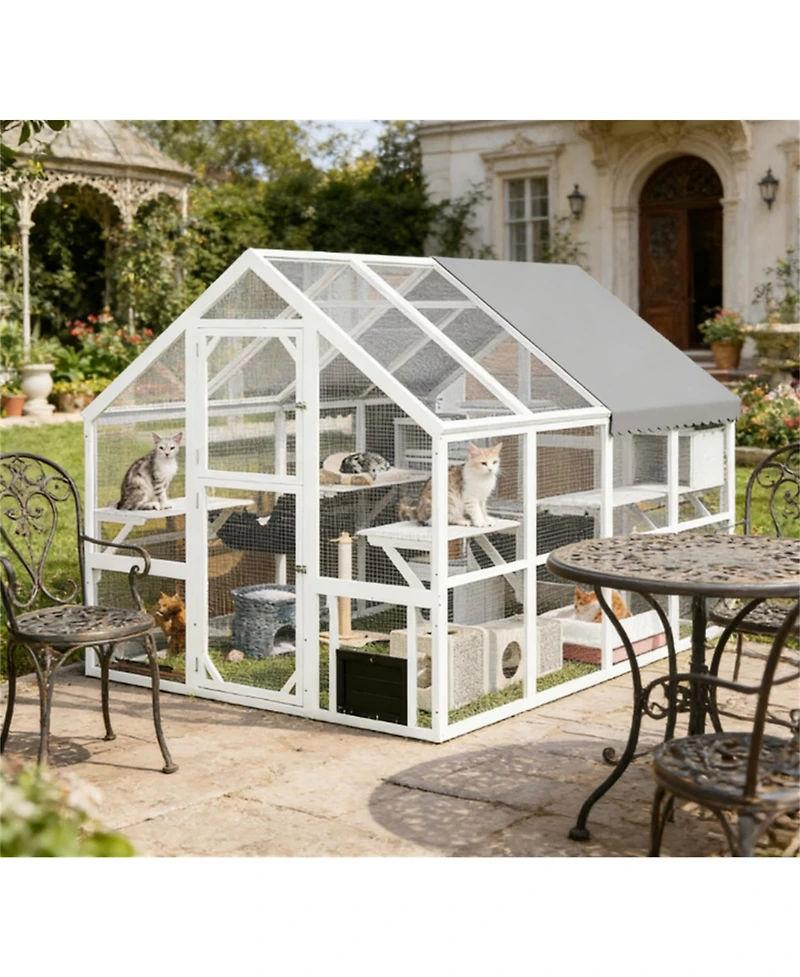 Zeus & Ruta Wooden Catio Outdoor Cat Enclosure with Waterproof Cover, 2 Condos, 6 Platforms, Bridge, Doors
