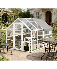 Zeus & Ruta Wooden Catio Outdoor Cat Enclosure with Waterproof Cover, 2 Condos, 6 Platforms, Bridge, Doors