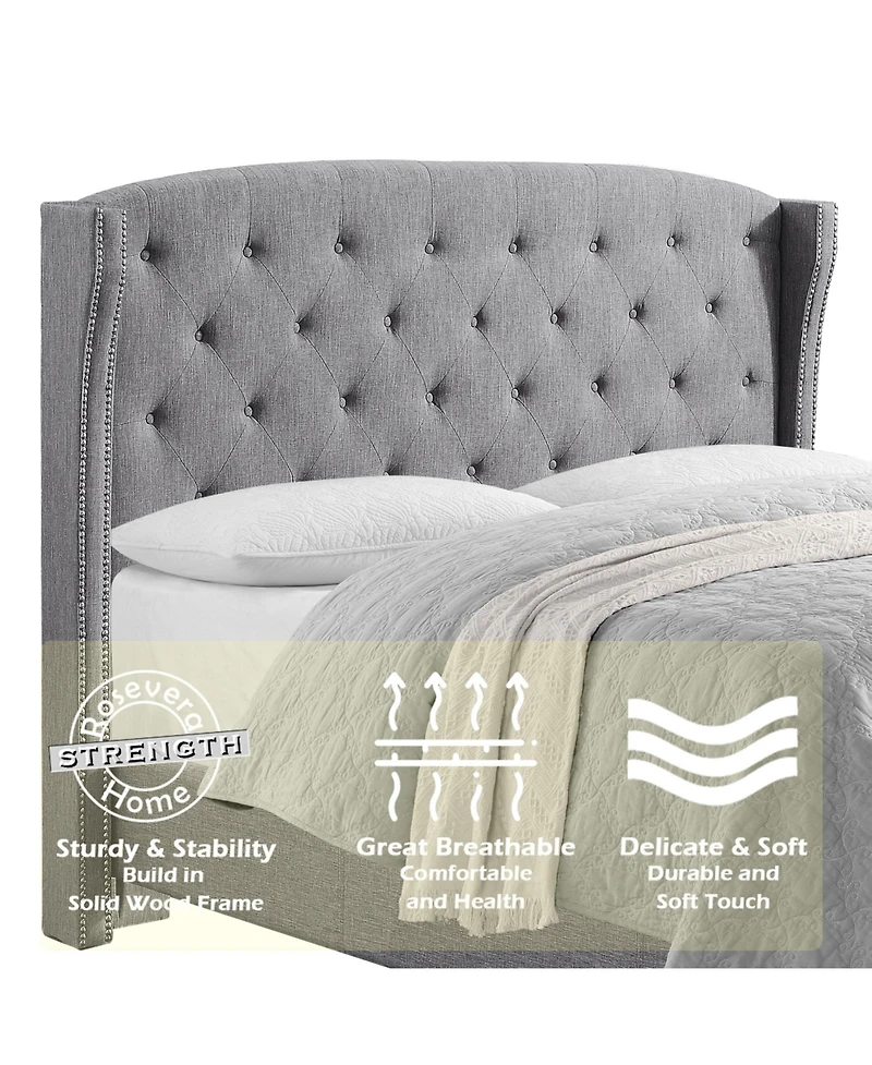Boyel Living High Back Upholstered Bed Frame with Studded Detail Platform Bed with Solid Wood Frame Soft Fabric