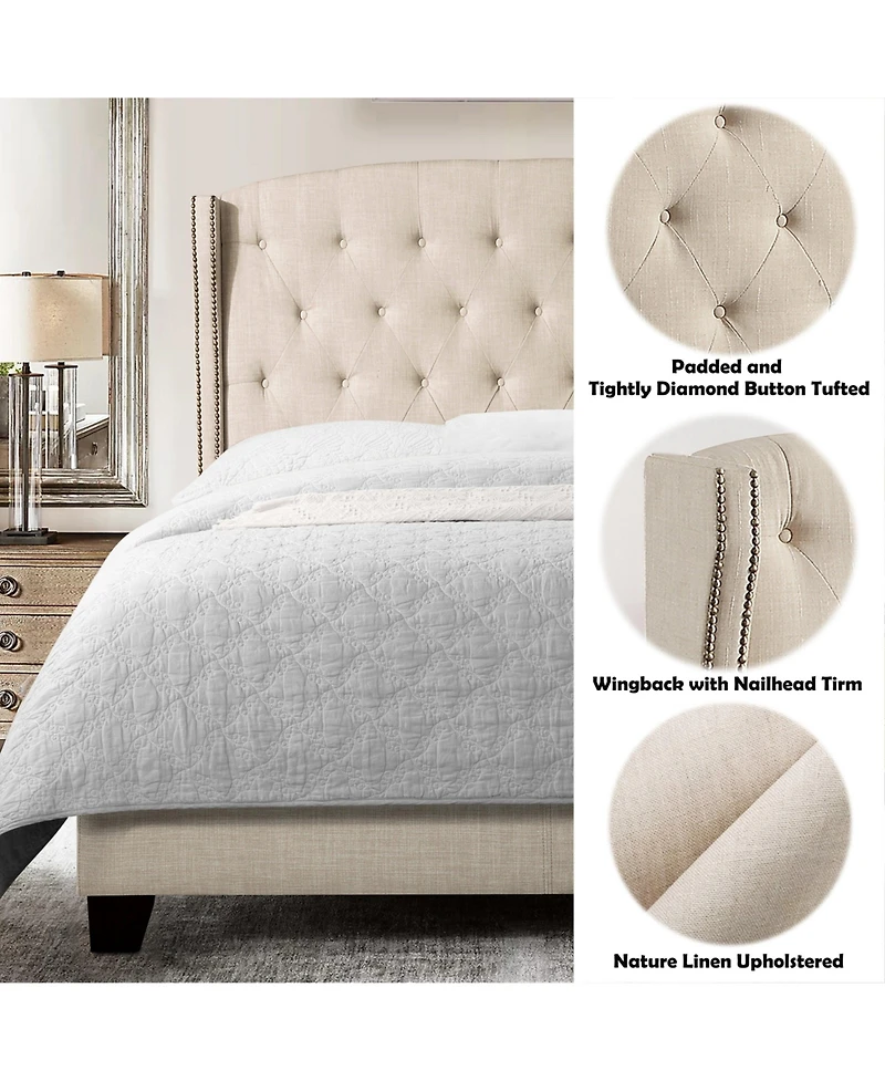 Boyel Living High Back Upholstered Bed Frame with Studded Detail Platform Bed with Solid Wood Frame Soft Fabric