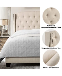 Boyel Living High Back Upholstered Bed Frame with Studded Detail Platform Bed with Solid Wood Frame Soft Fabric