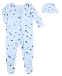 Max & Olivia Baby Boys' Sail Boat Printed Round Neck Footie Sleep Play and Hat, 2-Piece Set