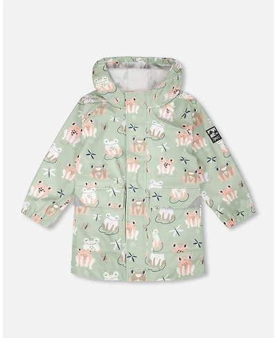 Deux par Deux Big Girls Rain Jacket in Polyurethane Frog Print