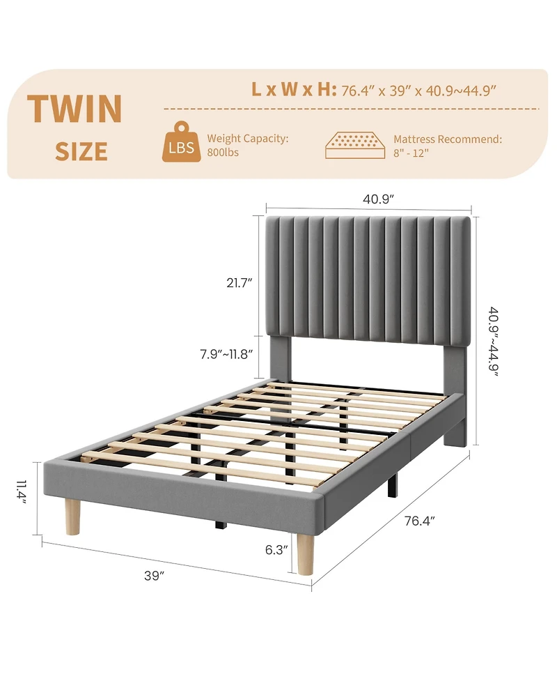 gaomon Set of 2 Velvet Upholstered Platform Beds with Adjustable Tufted Headboard – Vertical Channel Design