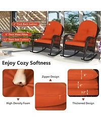 Gymax Wicker Rocking Chair w/ Orange Seat Back Cushions and Lumbar Pillow Balcony Patio