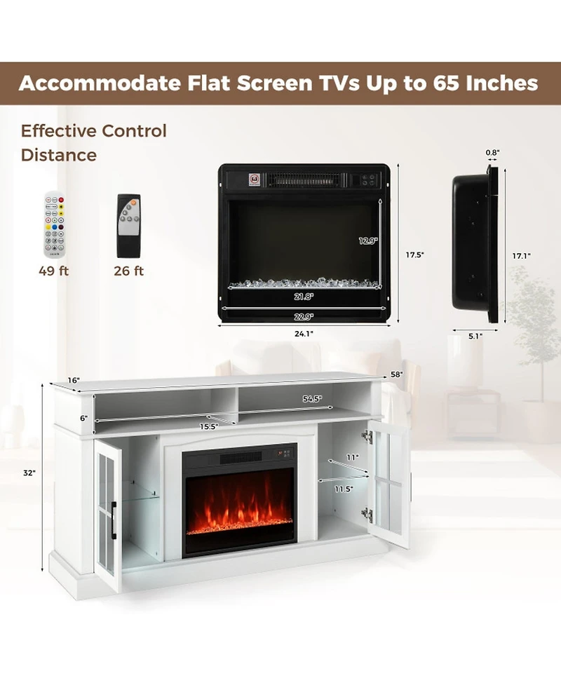Gouun 58 in Fireplace Tv Stand with Led Lights and Glass Door Cabinets