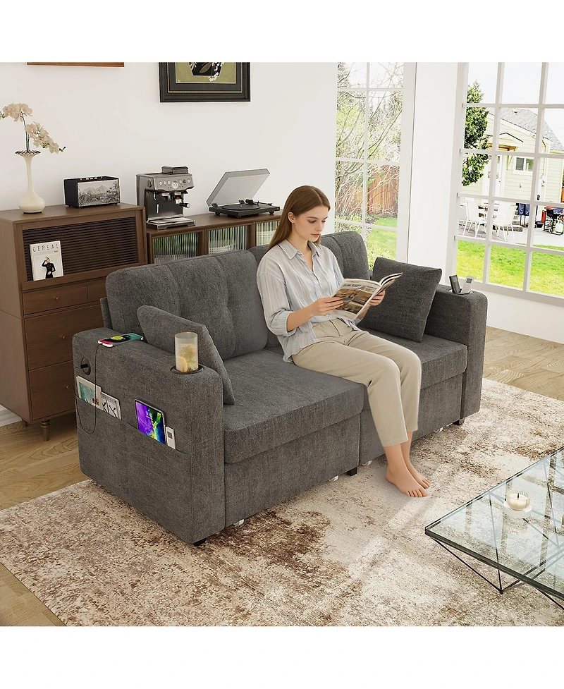 Rainsken 67" Chenille Loveseat Sofa, 2-Seater Couch with Storage, Usb Charging and Cup Holders for Living Room and Apartment