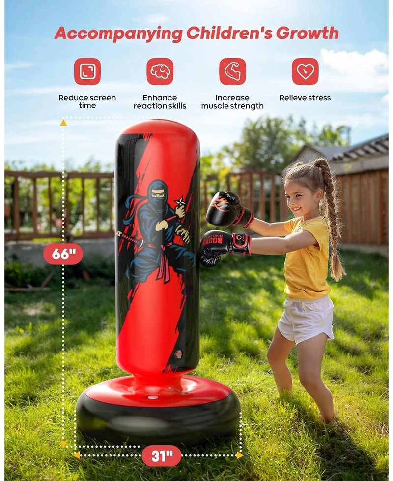 Qpau Punching Bag for Kids, 66 Inch Stable Inflatable Boxing Bag with Boxing Gloves, Stand Kids Punching Bag Toy for Boys