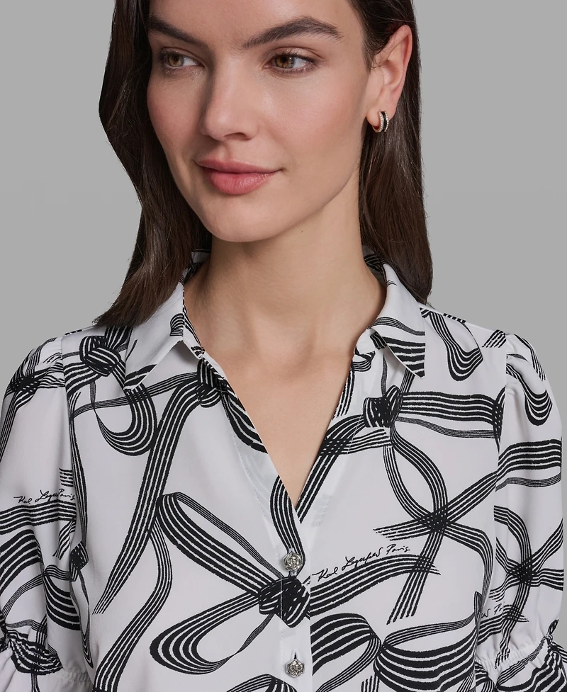 Karl Lagerfeld Paris Petite Bow Print Collared Blouse