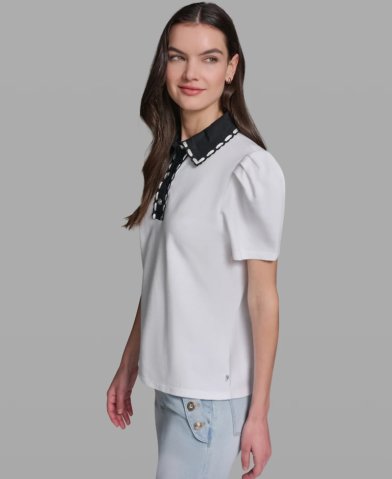 Karl Lagerfeld Paris Petite Button-Up Polo Collar Top