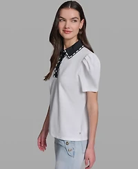 Karl Lagerfeld Paris Petite Button-Up Polo Collar Top