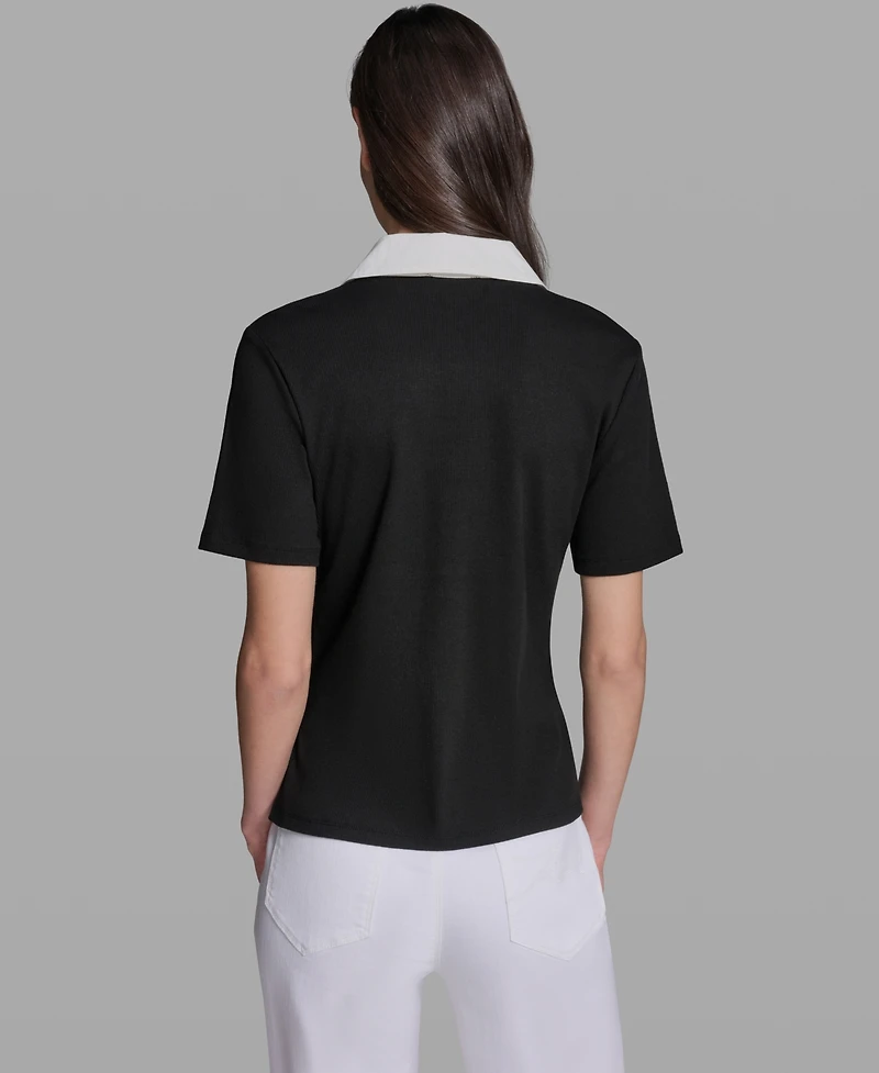 Karl Lagerfeld Paris Petite V-Neck Polo Collar Top