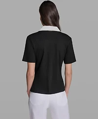 Karl Lagerfeld Paris Petite V-Neck Polo Collar Top