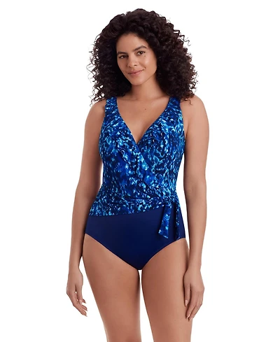 Longitude Women's Ruffle Front Sash Surplice Long Torso One-Piece Swimsuit