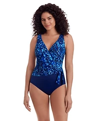 Longitude Women's Ruffle Front Sash Surplice Long Torso One-Piece Swimsuit