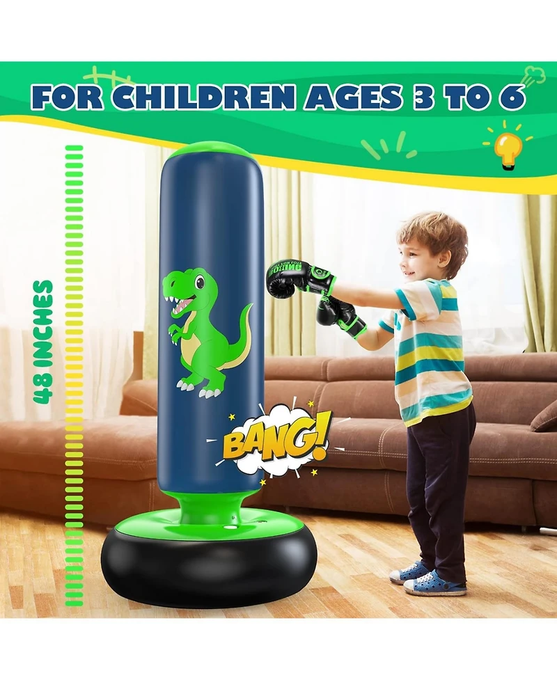 Qpau Inflatable Punching Bag, 48 Inch Stable Inflatable Boxing Bag for 3-6 Kids,Dinosaur Toy and Gifts for Boys and Girls, Kids Boxing Set