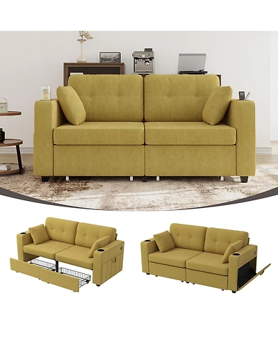 Rainsken Compact Loveseat Sofa, 67" Chenille 2-Seater Couch Featuring Storage, Usb Charging and Cup Holder for Small Spaces