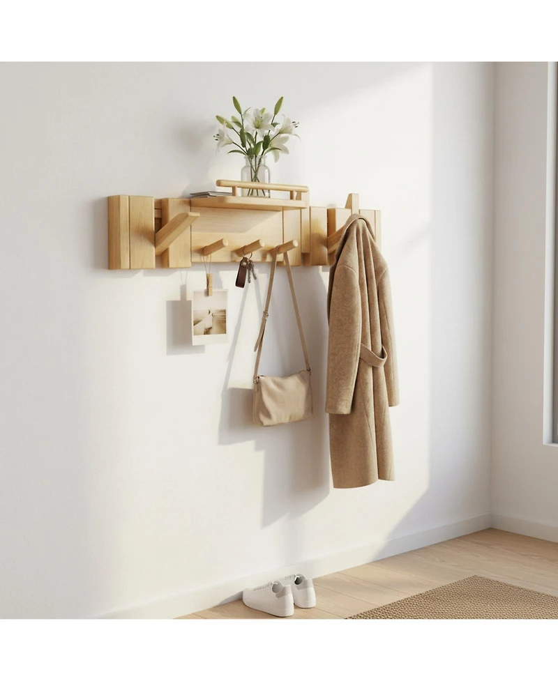 Yigii Mid Century Modern Solid Wood Wall Coat Hanger with Shelf Piano Key Hooks Heavy Duty Entryway Bathroom Storage Rack