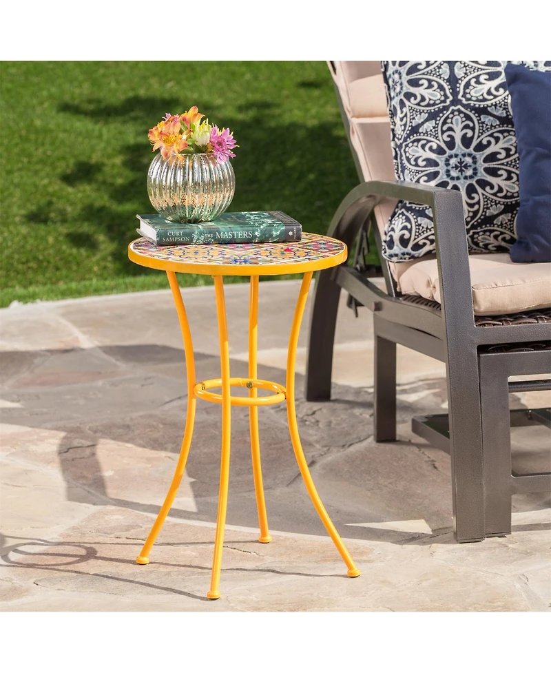 Clihome Outdoor Side Table with Tile Mosaic Table Top and Metal Legs