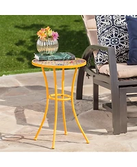 Clihome Outdoor Side Table with Tile Mosaic Table Top and Metal Legs
