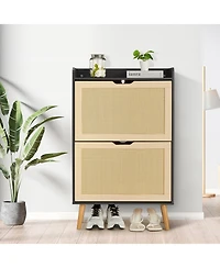 Homfan Rattan Shoe Cabinet with 2 Flip Drawers, 9.25 Inch Depth, Slim Entryway Storage