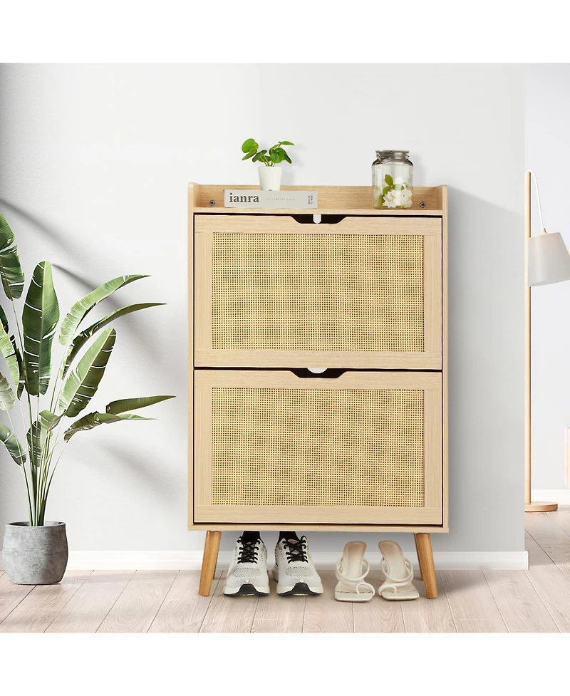 Homfan Rattan Shoe Cabinet with 2 Flip Drawers, 9.25 Inch Depth, Slim Entryway Storage