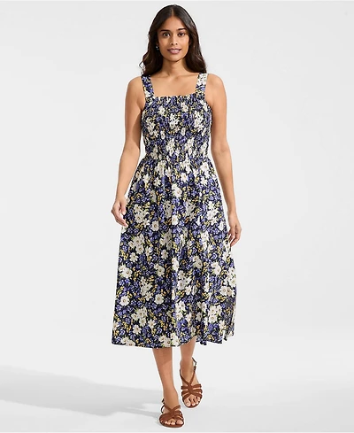 Lands' End Women's Poplin Smocked Bodice Midi Dress