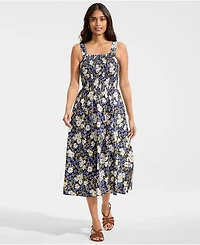 Lands' End Women's Poplin Smocked Bodice Midi Dress