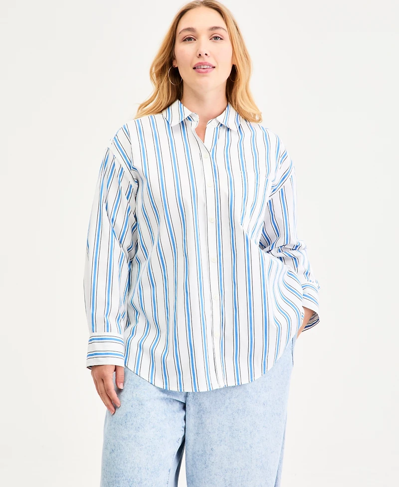 On 34th Plus Bayside Stripe Button-Front Cotton Shirt, Macy's Exclusive