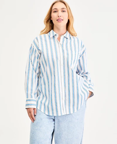 On 34th Plus Bayside Stripe Button-Front Cotton Shirt, Macy's Exclusive